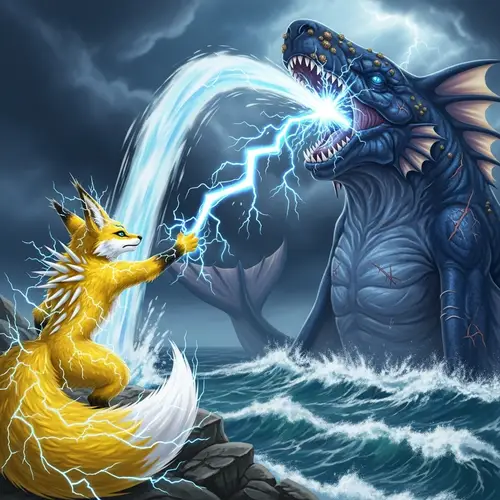 Jolteon Thundering at Kyogre - Electrifying Battle Scene