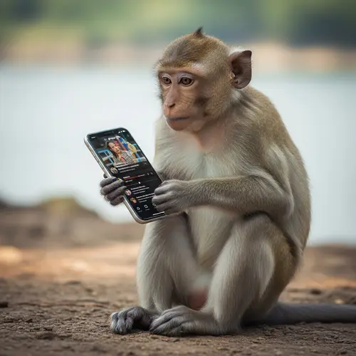 Inquisitive Monkey Watching Vibrant Social Media Video