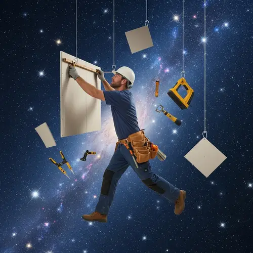 Celestial Construction: Man Mounting Drywall in Starry Night Sky
