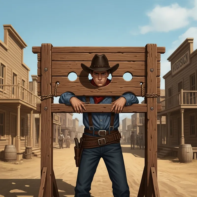 Young Cowboy Trapped in Pillory - Evocative Western Illustration