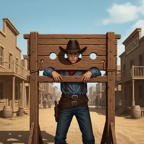 Young Cowboy Trapped in Pillory - Wild West Era Illustration