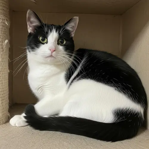 Adorable Chunky Cat with Black and White Patches Resting Comfortably