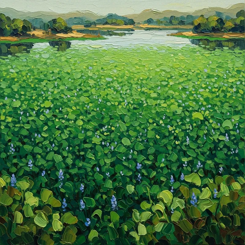 Aerial Perspective of Serene Lake with Lush Green Water Hyacinths Aerial Perspective of Serene Lake with Lush Green Water Hyacinths