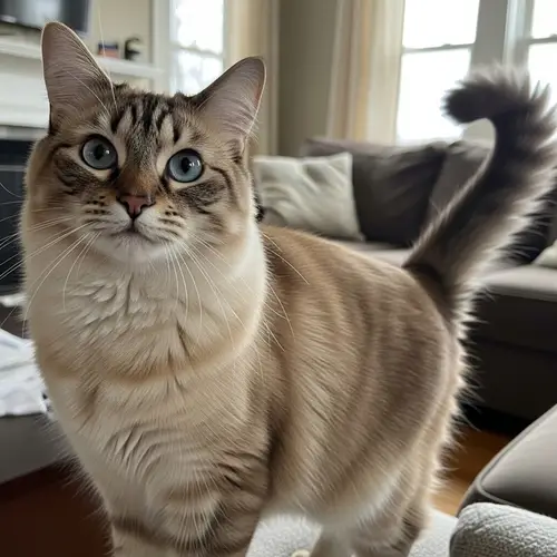 Medium-Sized Tawny Domestic Cat with Striking Blue Eyes