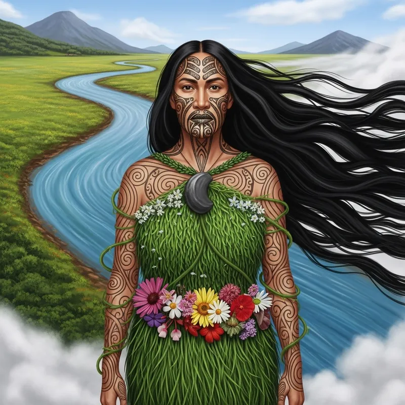 Papatuanuku Mother Earth with River Hair & Native Flora Dress