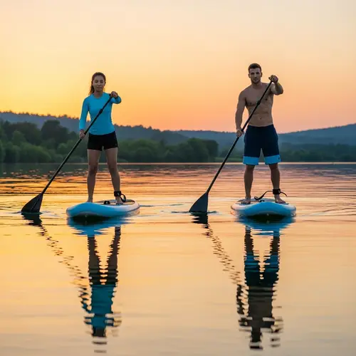 Tranquil Symmetry: Hispanic Female & Caucasian Male Paddleboarding