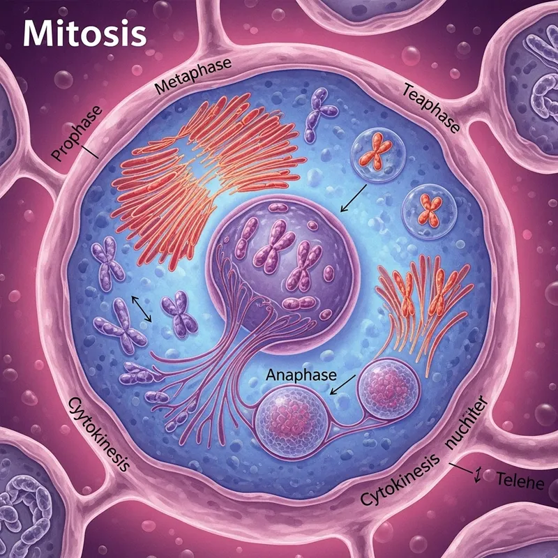 Vibrant Mitosis Scientific Illustration with Dynamic Cell Division Stages Vibrant Mitosis Scientific Illustration with Dynamic Cell Division Stages