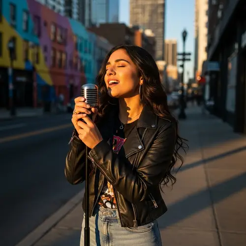 Passionate Hispanic Woman Singing in Stylish Urban Setting