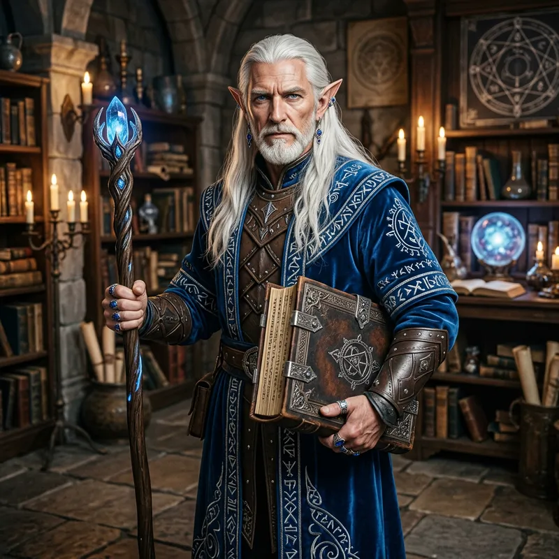Male Elf Wizard in Deep Blue Robe: Powerful Magic Art Male Elf Wizard in Deep Blue Robe: Powerful Magic Art