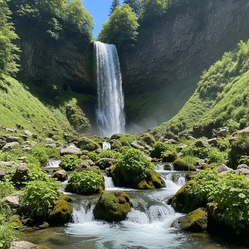 Serene Waterfall Cascading Down Lush Green Mountain Cliff