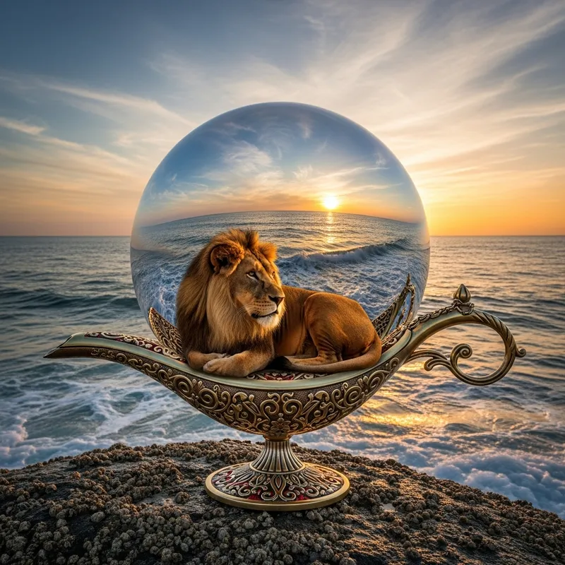 Lion in Lamp Reflecting Sea - Stunning Sunrise Scene Lion in Lamp Reflecting Sea - Stunning Sunrise Scene