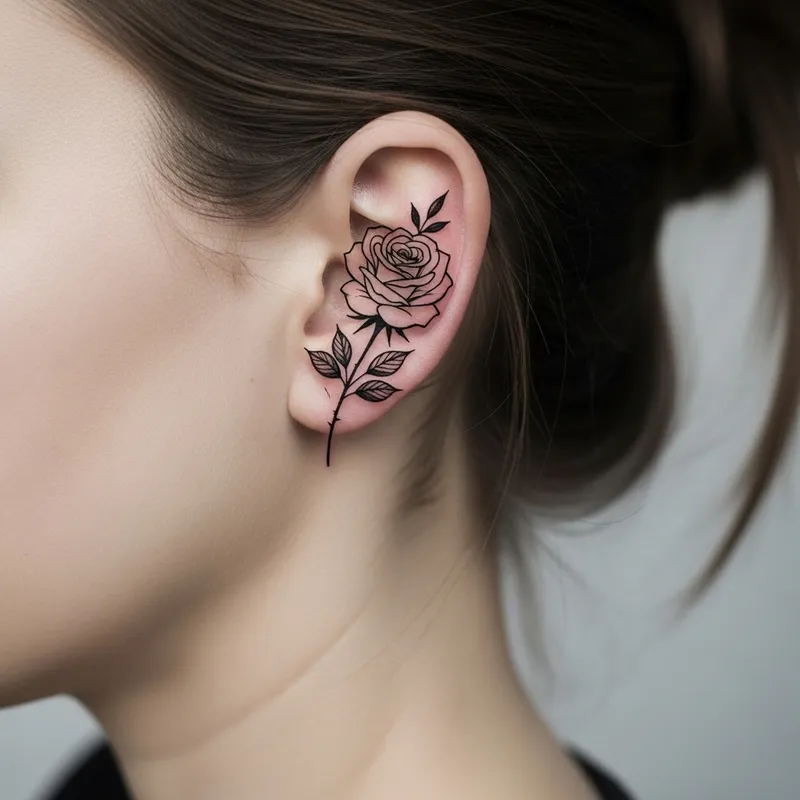 Elegant Black Rose Tattoo Behind Ear for Women Elegant Black Rose Tattoo Behind Ear for Women