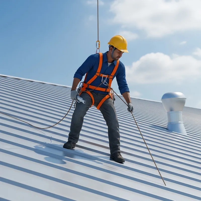 Metal Roof Worker in Safety Harness with Lifeline | Stunning 3D Illustration