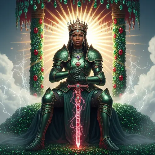 Imposing Black Woman in Emerald Green Armor Amid Gemstones