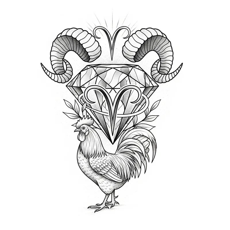 Intricate Diamond Aries Roaster Tattoo Design for Power & Warmth | Tattoo