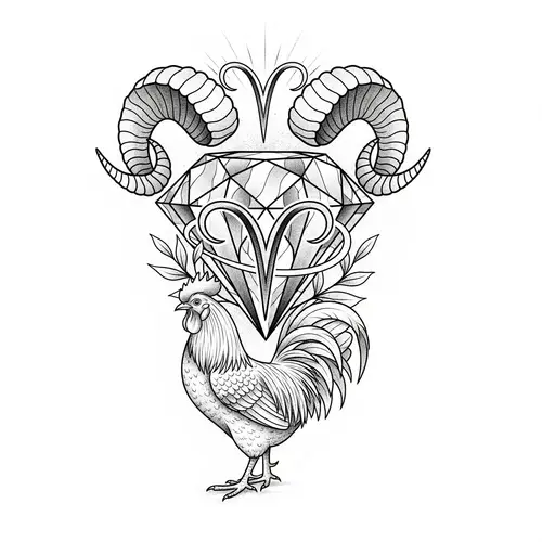 Intricate Diamond Aries Roaster Tattoo Design for Power & Warmth