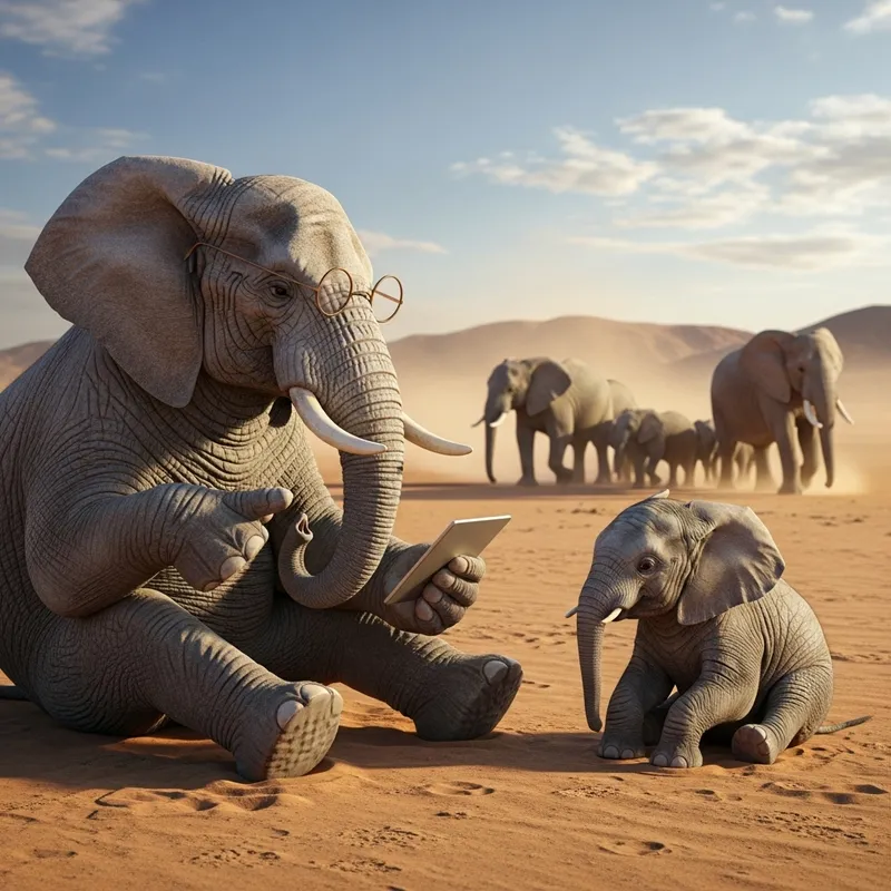 Elephant Wearing Glasses Teaching Small Ones While Herd Walks in Desert