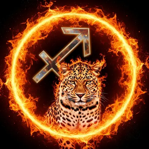 Dynamic Leopard in Flames with Sagittarius Symbol
