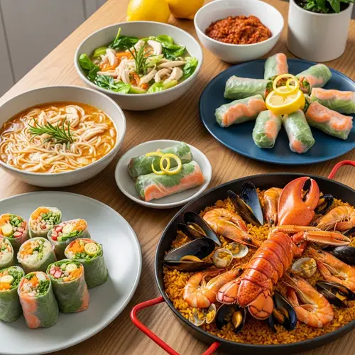 Delicious Quick Meals: Chicken Noodle Soup, Spring Rolls, Seafood Paella