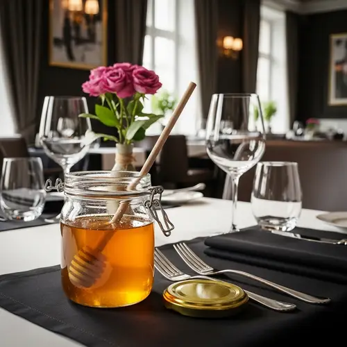 Golden Honey Jar on Elegant Restaurant Table