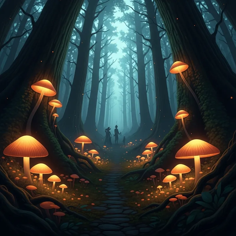 Dreamlike Mystical Forest: Glowing Mushrooms, Hidden Pathway