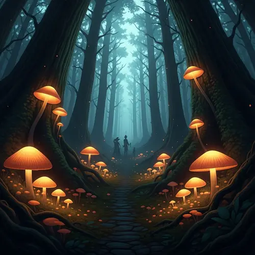 Enchanting Mystical Forest with Glowing Mushrooms & Mysterious Figures