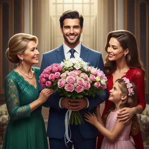 Family Portrait With Bouquets - Embracing Love and Elegance