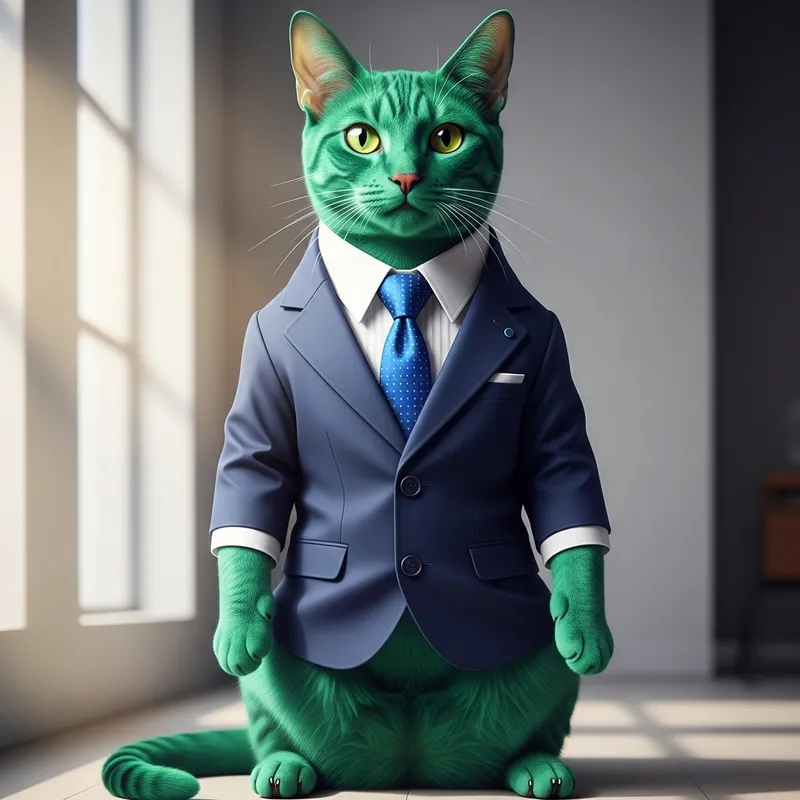 Green Cat in Blue Suit - Cute and Stylish Feline Fashion