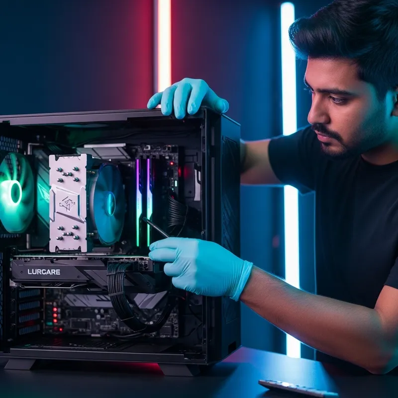 Futuristic Neon-Lit Gaming Computer Maintenance with South Asian Technician