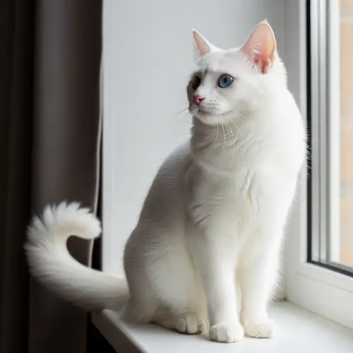 White Cat with Piercing Blue Eyes on Windowsill