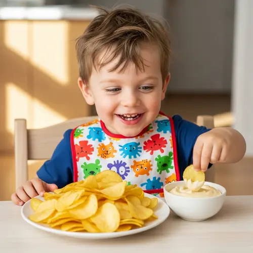 Fun Snack Time: Kids Eating Chips and Dip