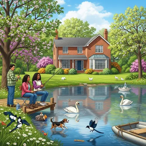 Tranquil Spring Scene with Fishermen, Swans, and Playful Dog