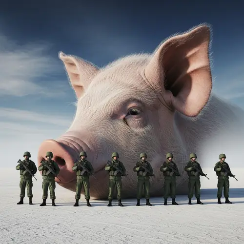 Surreal Military Scene with Oversized Pig's Head