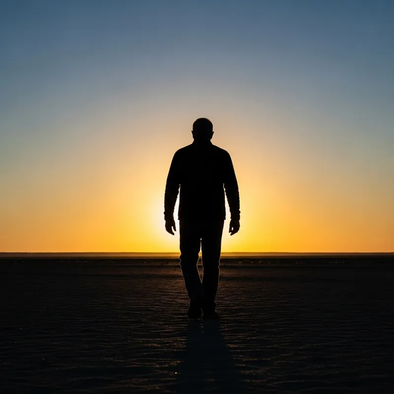 Silhouette Man Walking Away at Sunset Silhouette Man Walking Away at Sunset