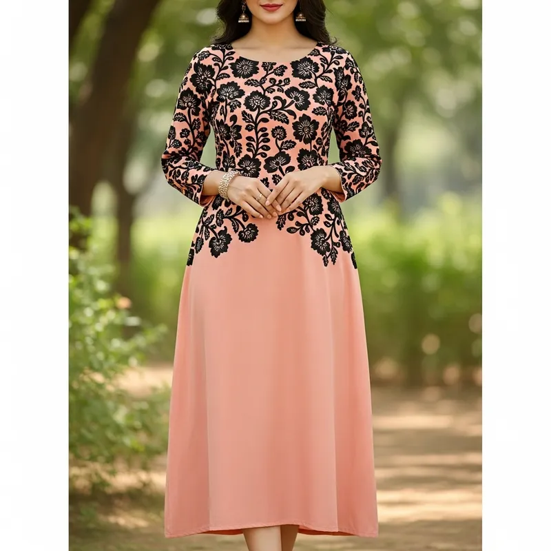 Full Sleeve Midi Dress - Black Floral & Peach Design
