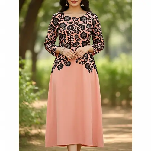 Full Sleeve Midi Dress - Black Floral & Peach Design