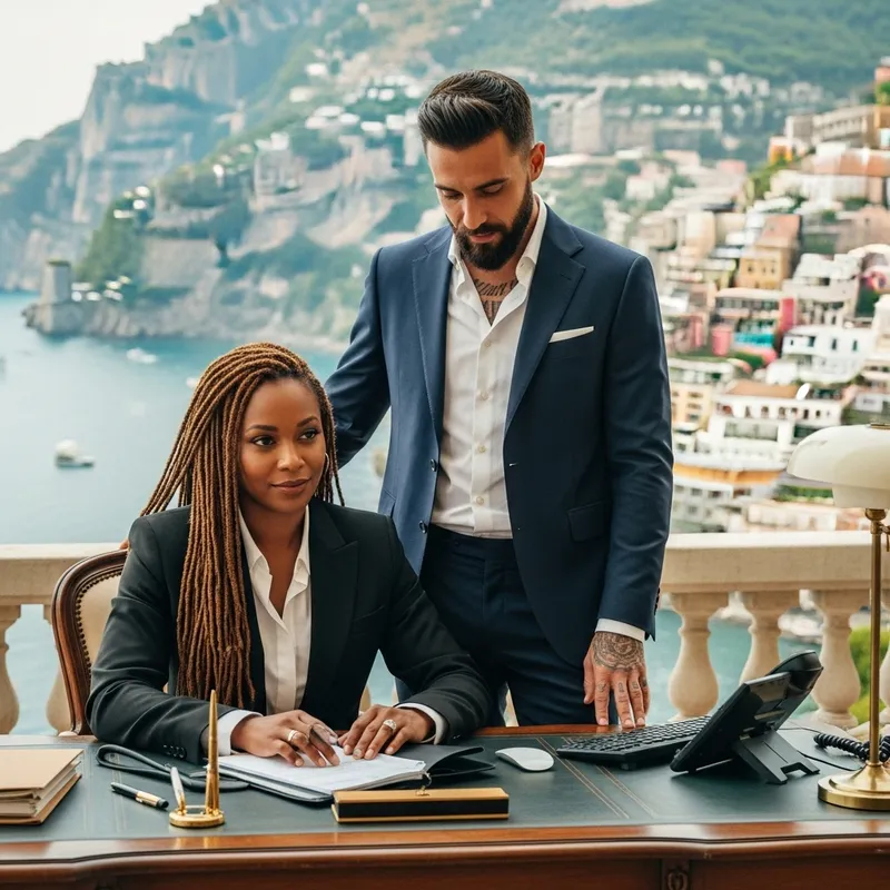 Harmonious Multicultural Business Partners at Opulent Italian Villa Harmonious Multicultural Business Partners at Opulent Italian Villa