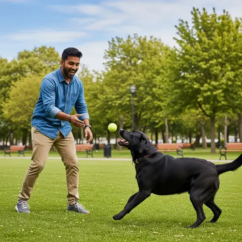 Playful Black Labrador Retriever with Owner in Park