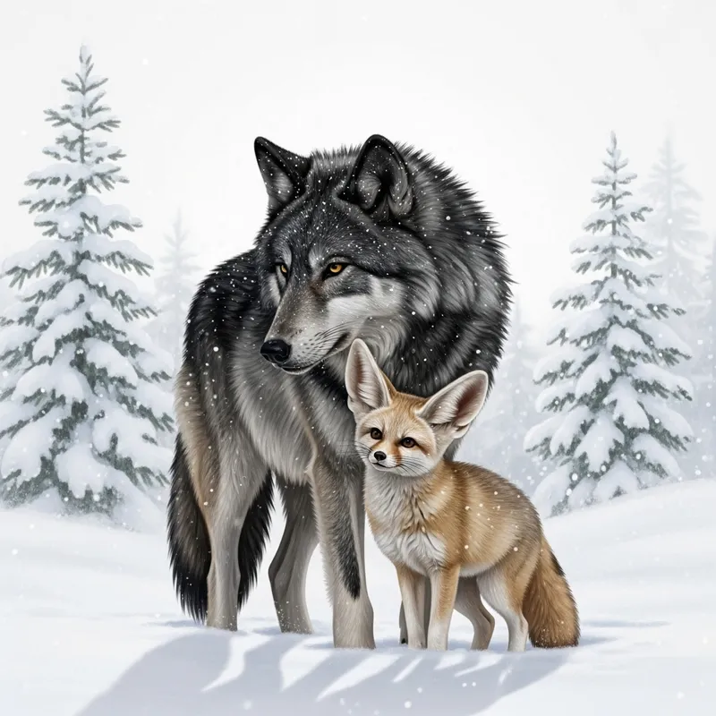 Winter Love: Fennec Fox & Grey Wolf Affection