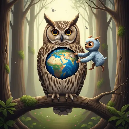 Whimsical Earth Globe in Owl's Body - Natural World Wisdom