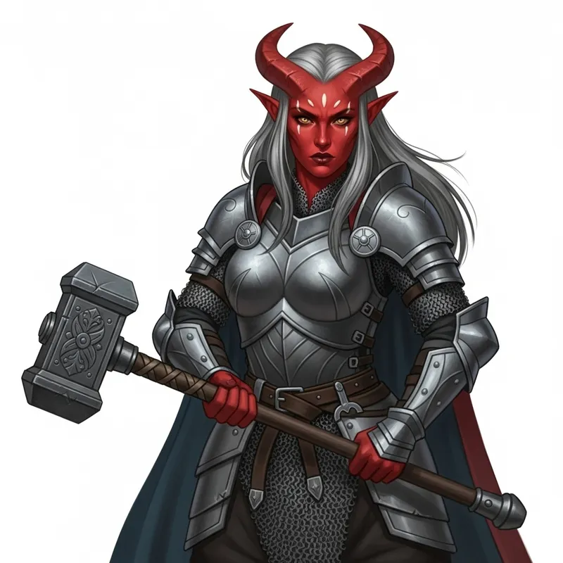 Tiefling Warrior Woman | Red Skin, Gray Hair, Gold Eyes