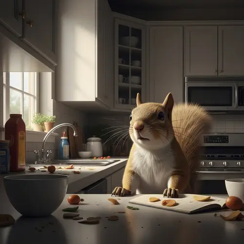Solitary Squirrel in an Unoccupied Kitchen
