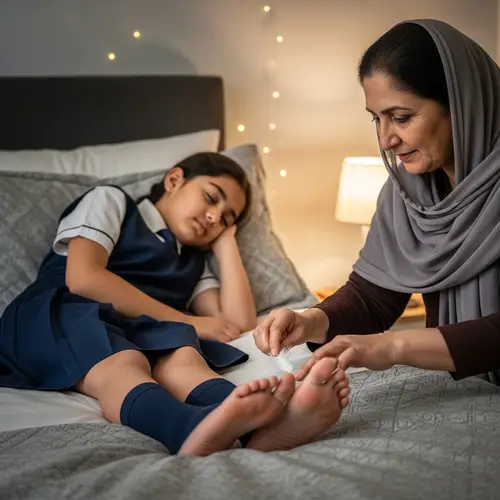 Peaceful South Asian Girl Sleeping in School Uniform with Mother's Gentle Feather Touch