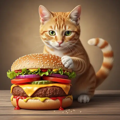 Cute Tabby Cat with Green Eyes and Burger | Adorable Feline and Delicious Burger