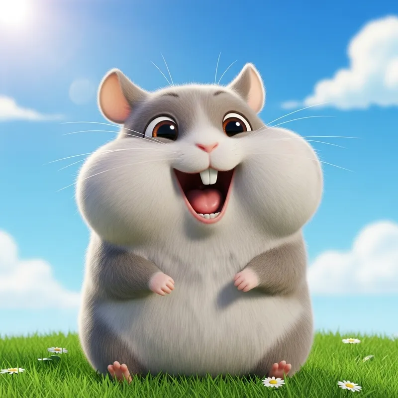 Cute Animated Hamster Smiling on Grass in Grey