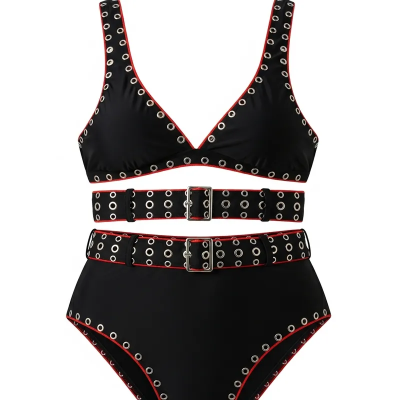 Black Women's Two-Piece Beachsuit with Matching Eyelet Border