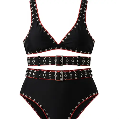 Black Two-Piece Beachsuit for Women with Eyelet Belt Detail