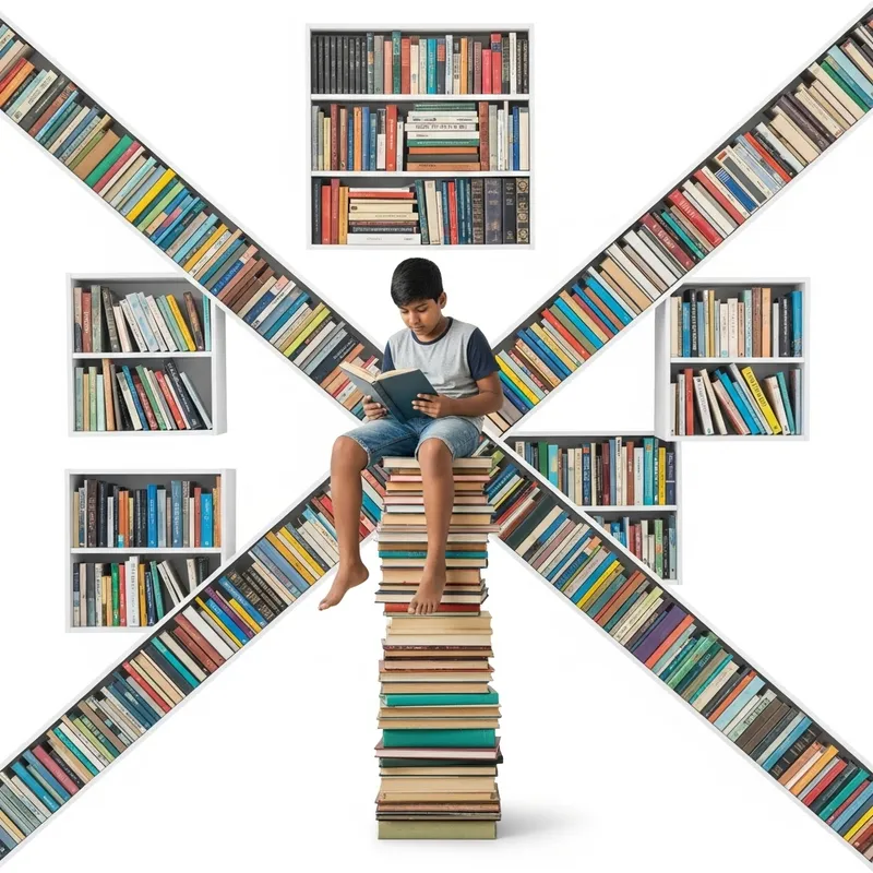 Adorable Kid Engrossed in Books on White Shelves Background