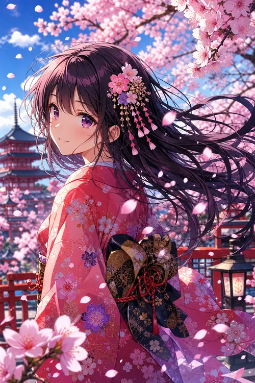 Anime Girl Amid Cherry Blossoms - Vibrant Art