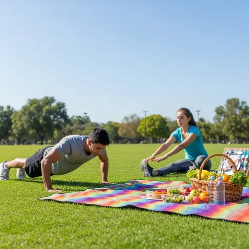 Outdoor Fitness Scene at Park with Healthy Picnic Setup